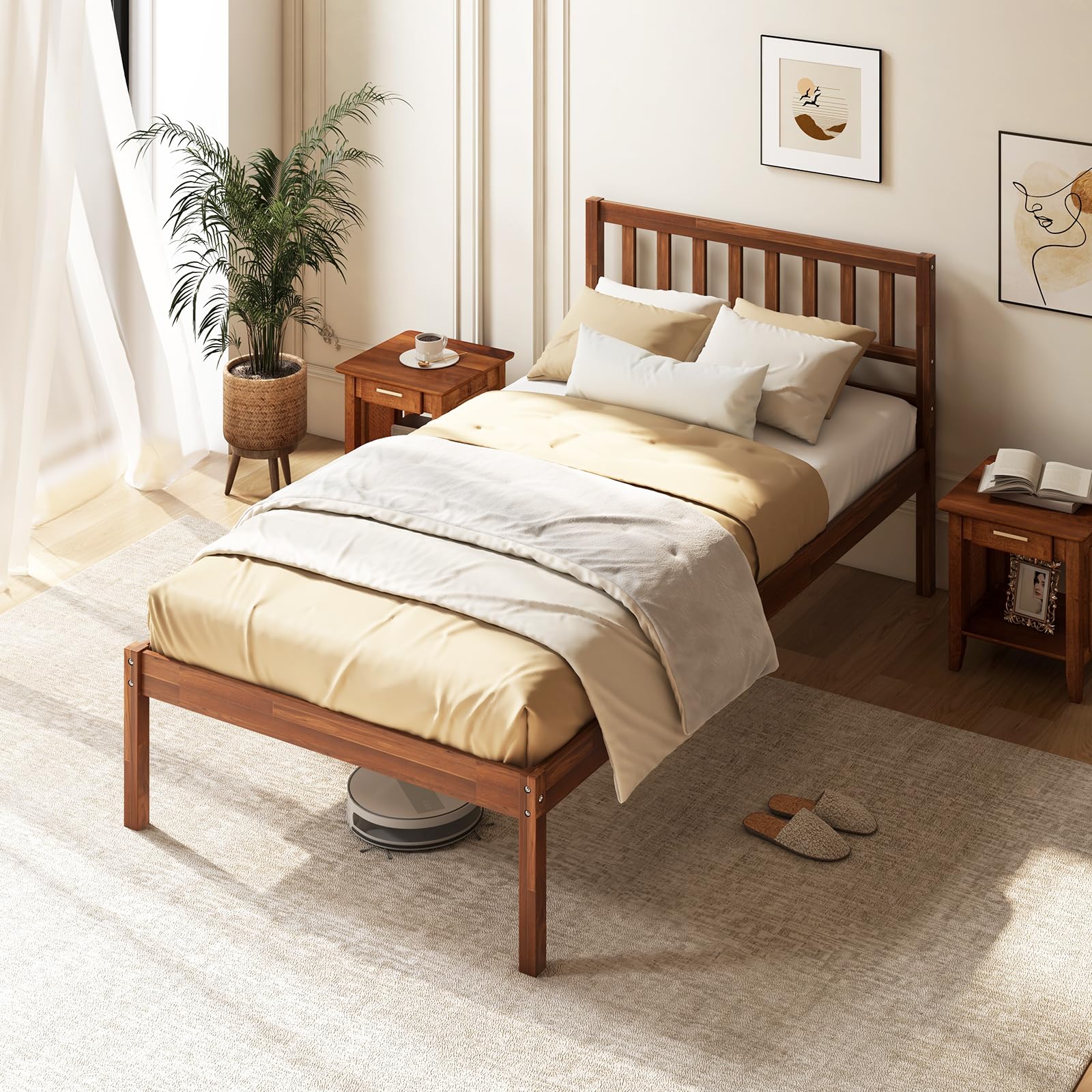 Giantex Twin Platform Bed Frame With Headboard - Mid Century Solid
